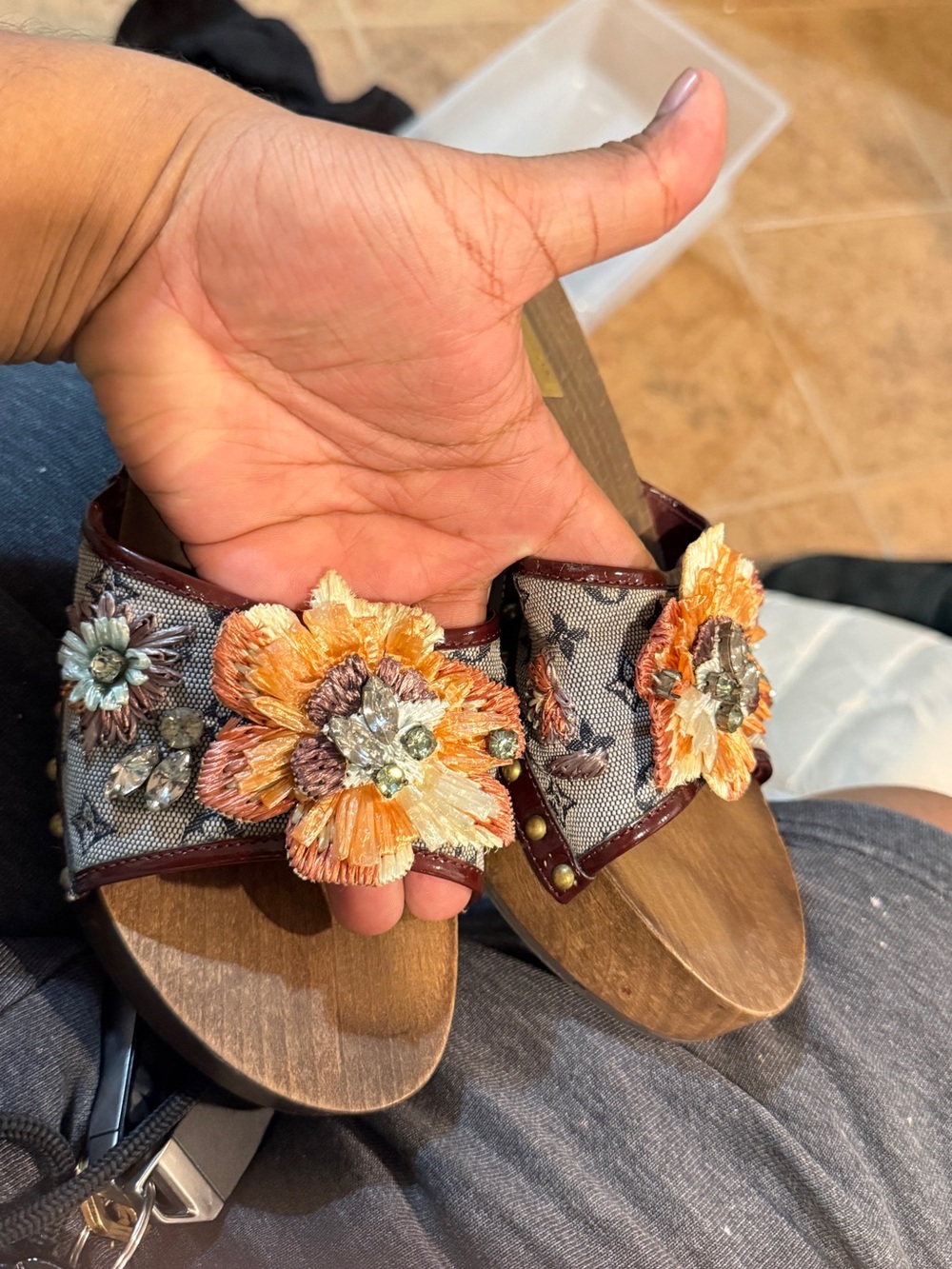 Louis Vuitton Floral Embellished Slide Sandals - Orange & Brown